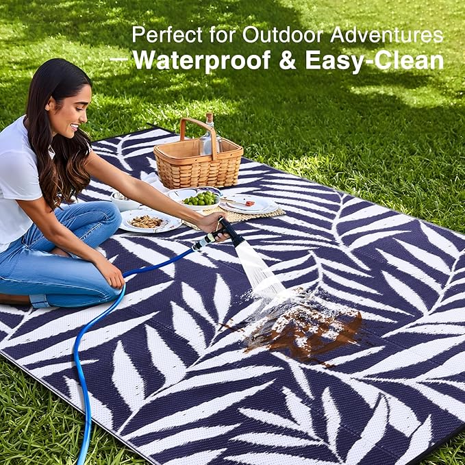 OLANLY Waterproof Outdoor Rug 9x12 ft, Reversible Outdoor Plastic Straw Rug with Leaf Pattern, RV Mat, Indoor Outdoor Carpet for Patio, Camping, Balcony, Deck, Backyard, Navy & White-Ruum Studio Home