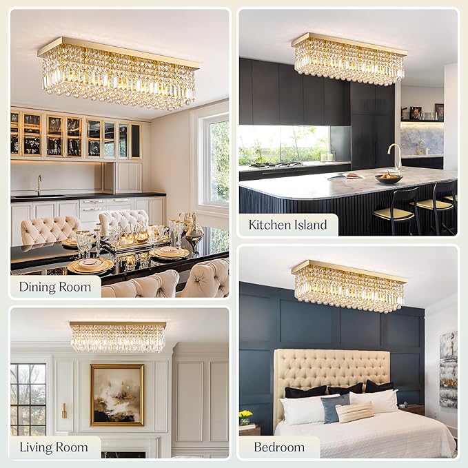 Modern Crystal Chandelier, 6 Lights Luxury Gold Rectangular Flush Mount Ceiling Light, Dining Room Light Fixture, Rectangle K9 Crystal Raindrop Chandelier for Living Room Bedroom L31.5 Inch-Ruum Studio Home