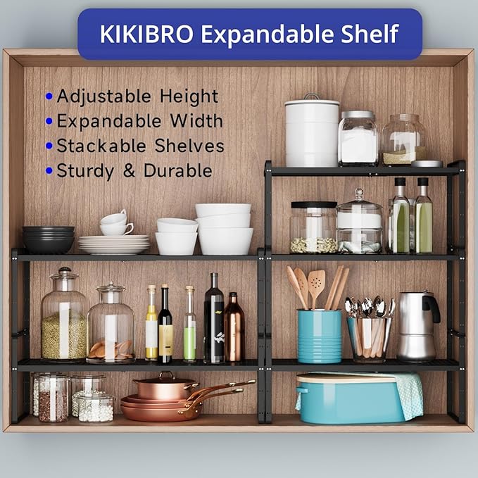 Expandable Kitchen Shelf Organizers, Kitchen Cabinet Organizer Stand Rack Organization for Countertop Cupborad Pantry, Black 1 Pack-Ruum Studio Home