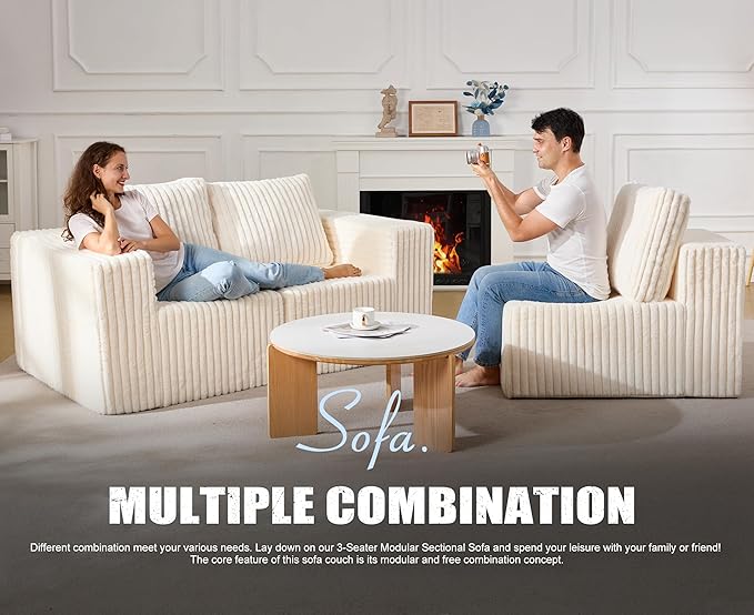 Modular Sectional Sofa 3-Seater Modular Couch with Deep Seat Memory Foam Cloud Chair with Pillows Oversized Sectional Sofa for Living Room Bedroom (Strip White, 3-Seater)-Ruum Studio Home
