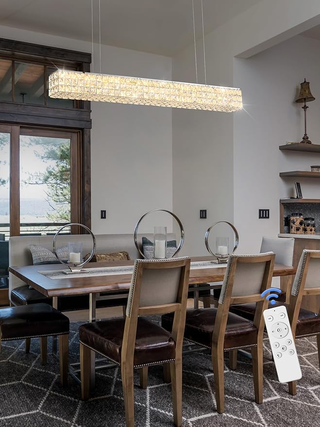 Modern Crystal Chandelier Silver Rectangular Crystal Chandelier Contemporary Linear Pendant Ceiling Light Fixture for Living Dining Room Kitchen Island (L 40")-Ruum Studio Home