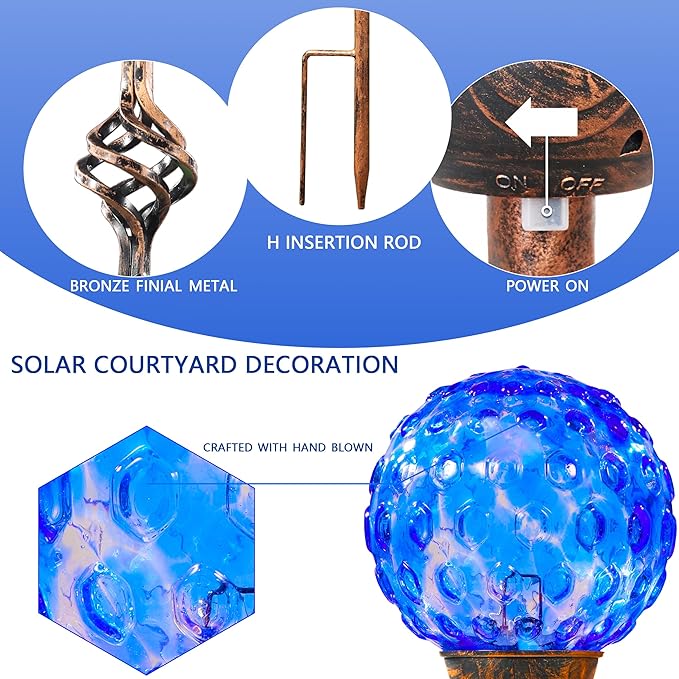 Garden Solar Lights, Decorative LED Honeycomb Glass Ball Garden Stake, Glass and Metal Outdoor Decoration, 4 x 31 Inch (Dark Blue)-Ruum Studio Home