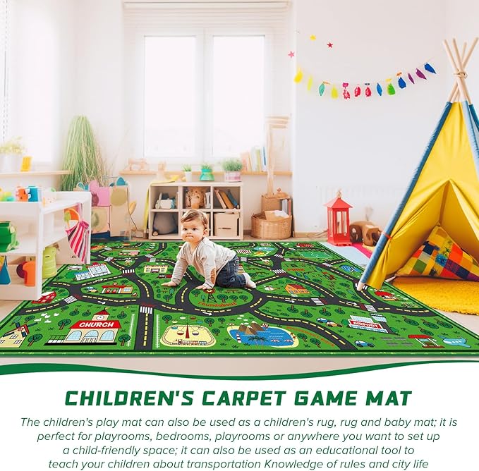 Kids Carpet Playmat Rug 5 x 7 ft Player Car Rug, City Life Traffic Road Map Mat Educational Game Area Mat for Toddler Children Playroom Classroom Bedroom(Green)-Ruum Studio Home