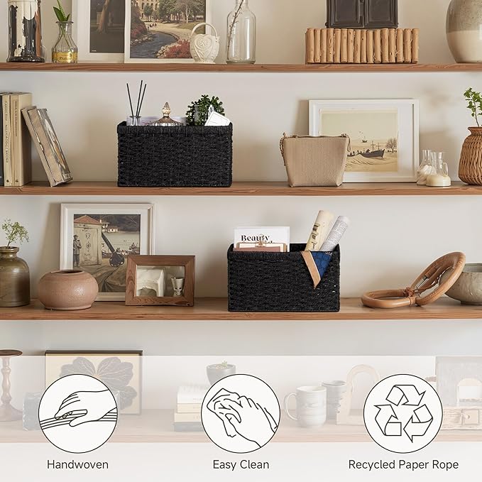 StorageWorks Pantry Baskets, Wicker Storage Baskets for Organizing, Bathroom Shelves, Pantry Organizers and Storage, Medium, Black, 2-Pack-Ruum Studio Home