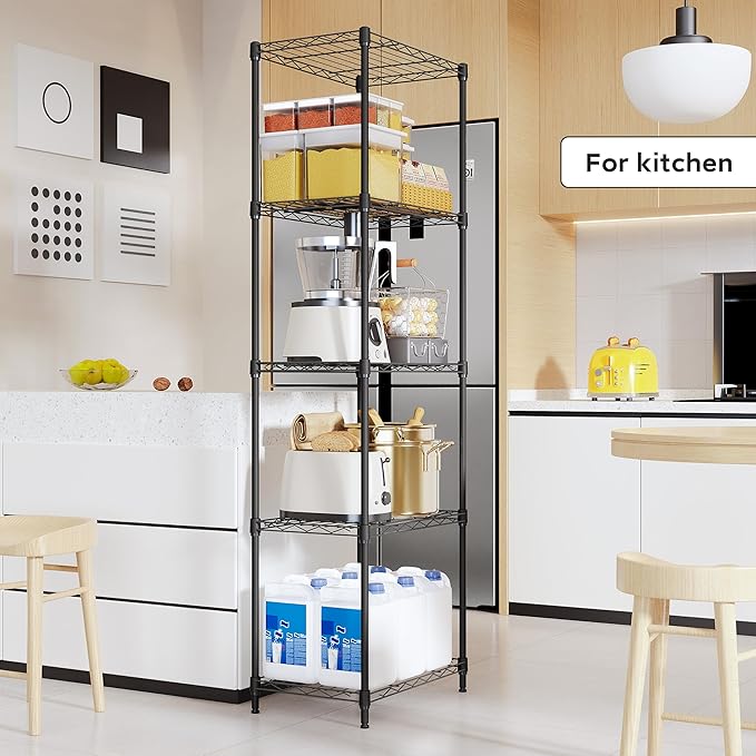 5 Tiers Shelf Metal Storage Shelves Wire Rack Closet Organizers with Wheel for Garage Kitchen Bathroom Laundry Black 11.8" D x 17.7" W x 55" H-Ruum Studio Home