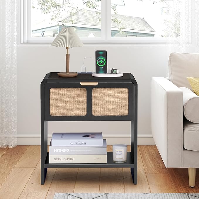 LEVNARY Nightstand with Charging Station, Mid-Century Modern Bedside Table with Curved Top Corners and Fabric-Like Textured Drawer, Wooden End Table for Farmhouse Bedroom Living Room (1, Black)-Ruum Studio Home