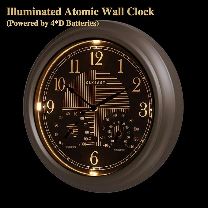 CLXEAST 18 Inch Illuminated Outdoor Indoor Atomic Analog Wall Clock with Temperature & Humidity Combo, Lighted Outdoor Clocks for Patio Large Waterproof with Thermometer, Modern Morning Silver/Gold-Ruum Studio Home
