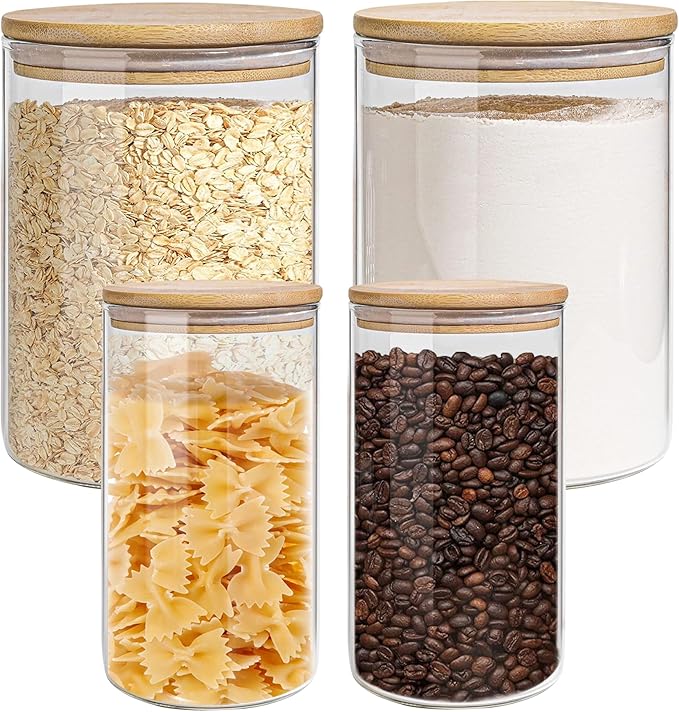 Glass Storage Jars Set Elegant Containers with Airtight Bamboo Lids, Perfect for Kitchen Organization - Flour, Rice, Pasta, Sugar, Coffee Beans (2 packs(37oz) / 2 packs(111oz))-Ruum Studio Home