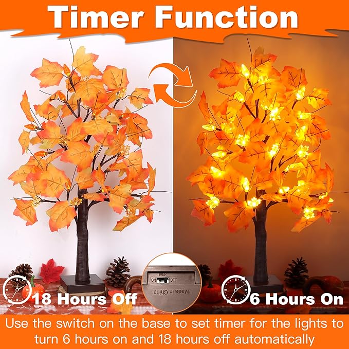 2 Pack 24 Inch Prelit Fall Maple Tree Fall Decor with 48 LEDs Timer Battery Operated Artificial Fall Light Up Tree Maple Acorn for Fall Thanksgiving Decorations Table Home Office Indoor Autumn Harvest-Ruum Studio Home