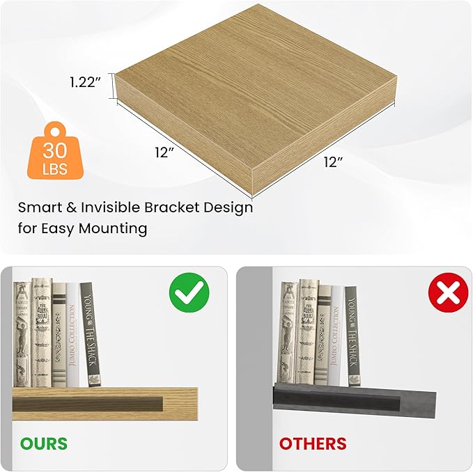 Square Floating Shelves for Wall, 12" W x 12" D x 1.2" H, Small Wooden Wall Mounted Display Shelves with Invisible Brackets for Living Room, Bedroom, Bathroom, Kitchen Decor, Set of 3, Oak-Ruum Studio Home
