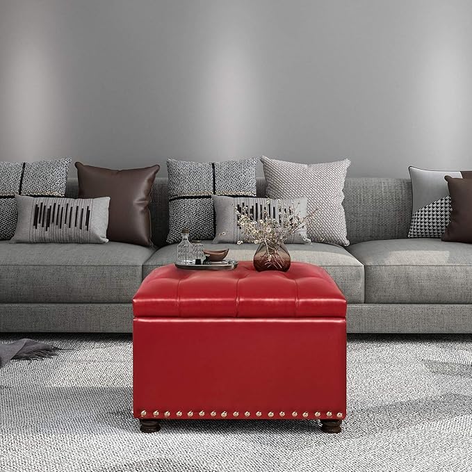 24'' Leather Storage Ottoman Rectangular Foot Rest Stool with Nailhead Trim for Bedroom Living Room(Red)-Ruum Studio Home