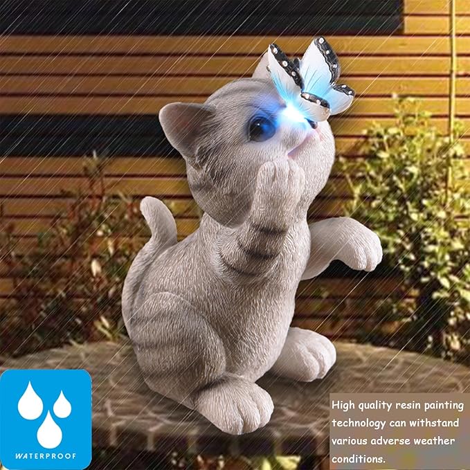 Cat Garden Statue Outdoor Solar Decorations Butterfly Light Figurine Color Changing LED Lights Resin Sculpture Art Decor Patio Lawn Yard Housewarming Gifts for Women Grandma Mom-Ruum Studio Home