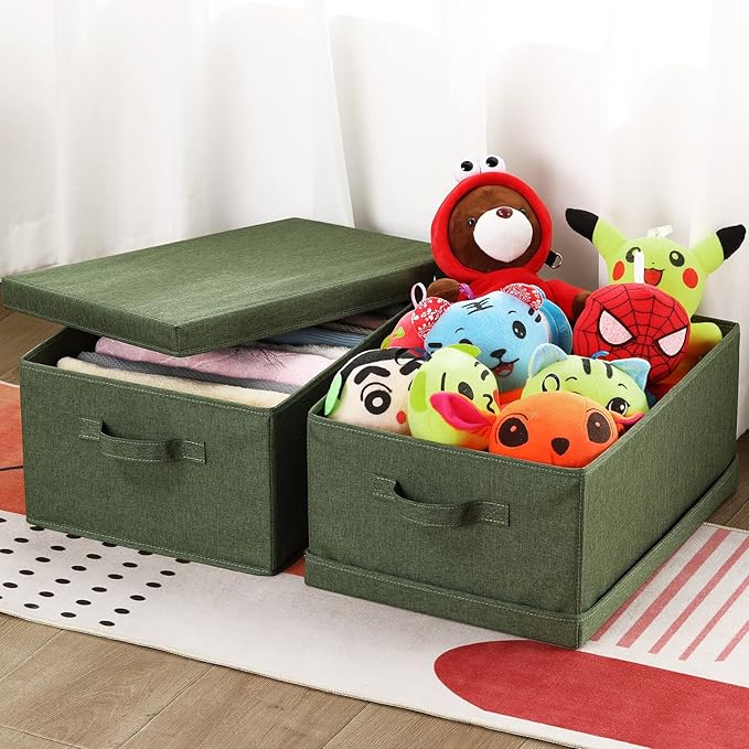 HOONEX Storage Bins with Lids for Organizing, Pack of 2, Storage Boxes with 2 Carrying Handles and Sturdy Heavy Cardboard, 16.5" L x 11.8" W x 7.5" H for Shoes, Books, Clothes, Olive-Ruum Studio Home