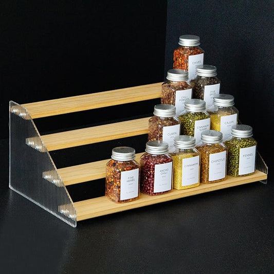 nianfeng Tiered Spice Rack, 4-Tier Spice Pantry Kitchen Cabinet Organizer, 16-Inch, Natural Wood Acrylic Stair Riser Stand, Countertop Seasoning Shelf-Ruum Studio Home
