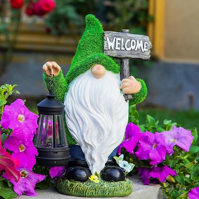 Solar Gnome Outdoor Garden Fall with Solar Lantern - 11’’Halloween Autumn Welcome Gnomes Decorations for Yard Patio (Green & White)-Ruum Studio Home