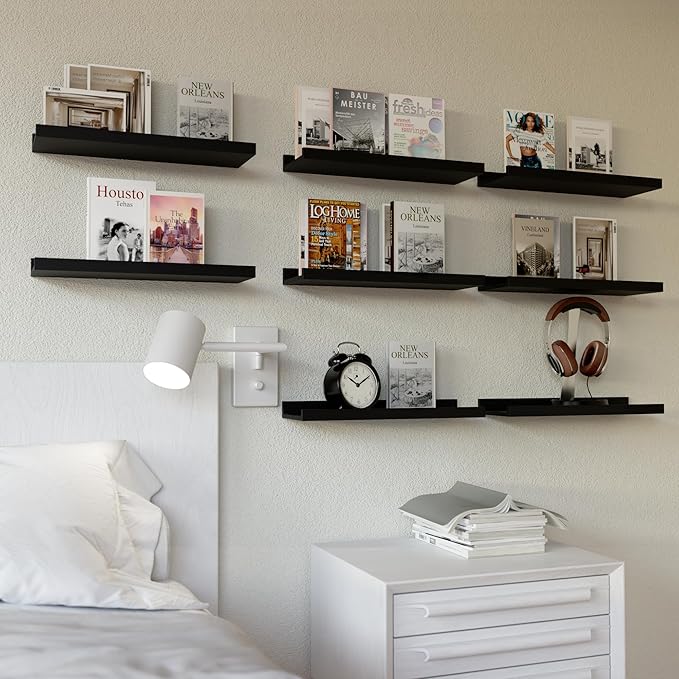 RICHER HOUSE Floating Wall Mounted Shelves, 8pc Set with Lip - Black Nursery Book Shelves for Bedroom, Bathroom, Kitchen Decor Storage-Ruum Studio Home