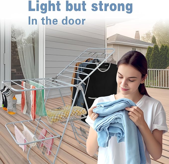 Large Capacity Double Drying Rack, Folding Rustproof Drying Rack with Non-Slip Clips and Drainage Shoe Rack, Height Adjustable, Airy and Quick Drying, Suitable for Balcony and Outdoor Use-Ruum Studio Home