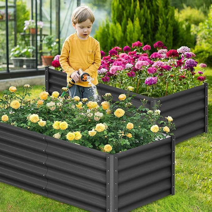 Galvanized Raised Garden Bed Outdoor, 2 Pcs 6x3x1.5FT Outdoor Large Planter Raised Beds Open Base with Safety Edge and Glove for Vegetables Flowers Ground Planter, Dark Grey-Ruum Studio Home