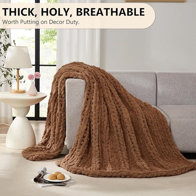 L'AGRATY Chunky Knit Blanket Throw: 72''x84'' Chenille Chunky Knitted Throw Blanket for Bed Couch - Handmade Thick Big Cable Knit Blanket - Large Chunky Crochet Rope Blanket for Home Decor(Brown)-Ruum Studio Home