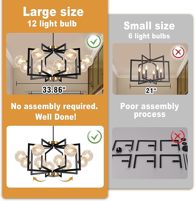 12 Light Black Farmhouse Chandelier Geometric Metal Dining Room Light Fixture Height Adjustable Black Chandeliers for Dining Room Clear Glass Farmhouse Industrial Pendant Lights for Bedroom, Entryway-Ruum Studio Home