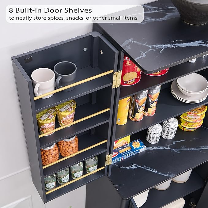 OKD Fluted Kitchen Pantry, 72" Tall Mid Century Modern Storage Cabinet with Adjustable Shelves & Door Organizer, Wood Cabinet for Kitchen, Living Room, Dark Grey-Ruum Studio Home