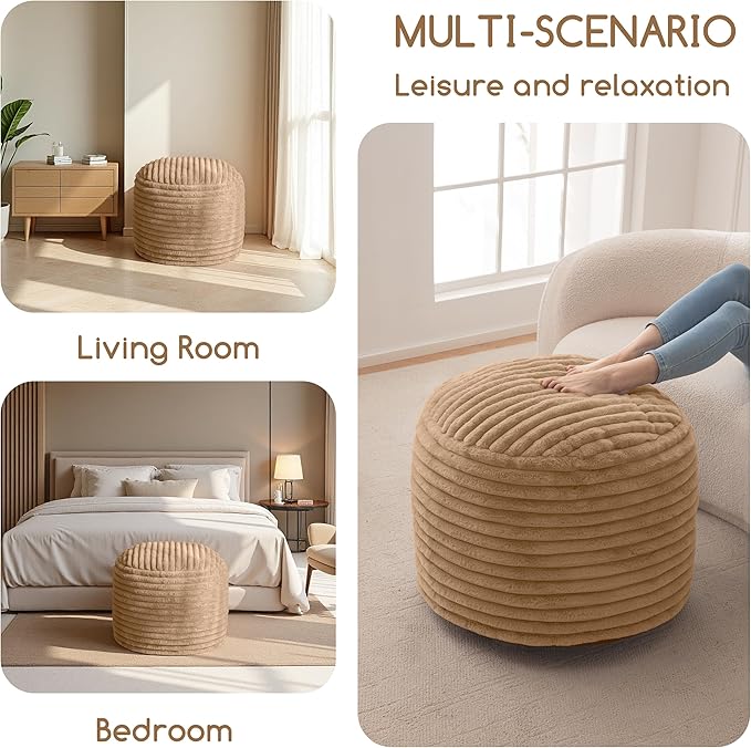 HIGOGOGO Round Stuffed Pouf Ottoman, Corduroy Poufs with High-Density Foam Filling, Furry and Fluffy Pouf Foot Stool Storage Ottoman, 20 X 15 Floor Poufs Foot Rest for Living Room, Brown-Ruum Studio Home
