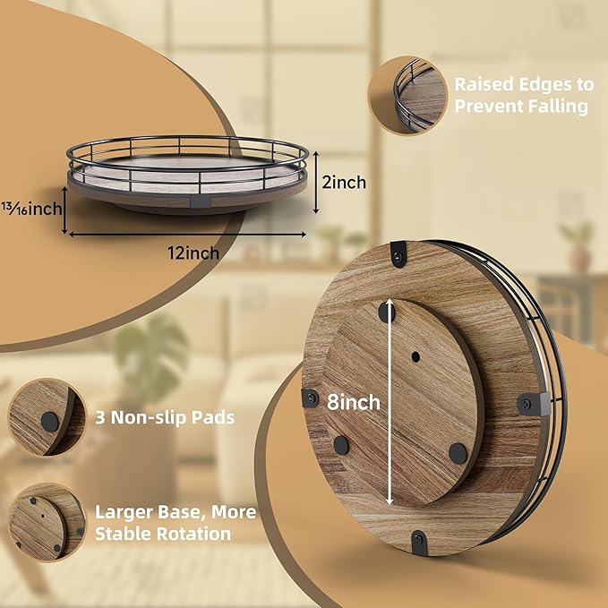 Acacia Wood 12" Lazy Susan Turntable Organizer for Table Top, Farmhouse Round Wooden Lazy Susan for Cabinet Kitchen Centerpieces Coffee Table, for Condiments Spices, Bathroom Vanity Tray Decor-Ruum Studio Home