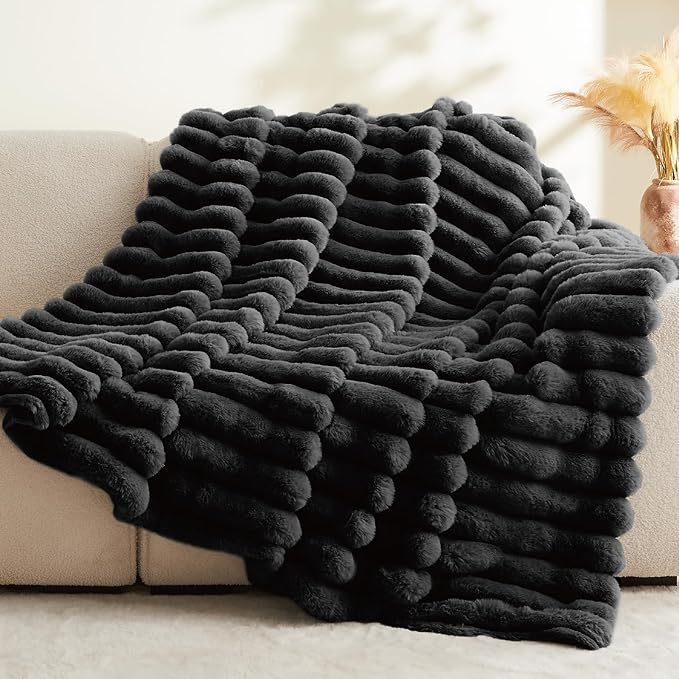 BEDELITE Faux Fur Throw Blanket for Couch, Soft and Cozy Luxurious 3D Striped Fluffy Blanket, 770GSM Thick Warm Plush Fuzzy Faux Rabbit Fur Blanket for Women Gift (Black, 60"x 80")-Ruum Studio Home