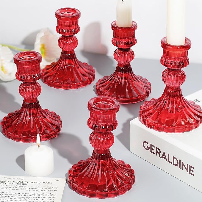 12PCS Red Candlestick Holders Set- 4" H Taper Candle Holders, Glass Candle Holders Bulk for Activities, Party, Home Table Centerpieces, Festival Gifts & Windowsill Decor-Ruum Studio Home