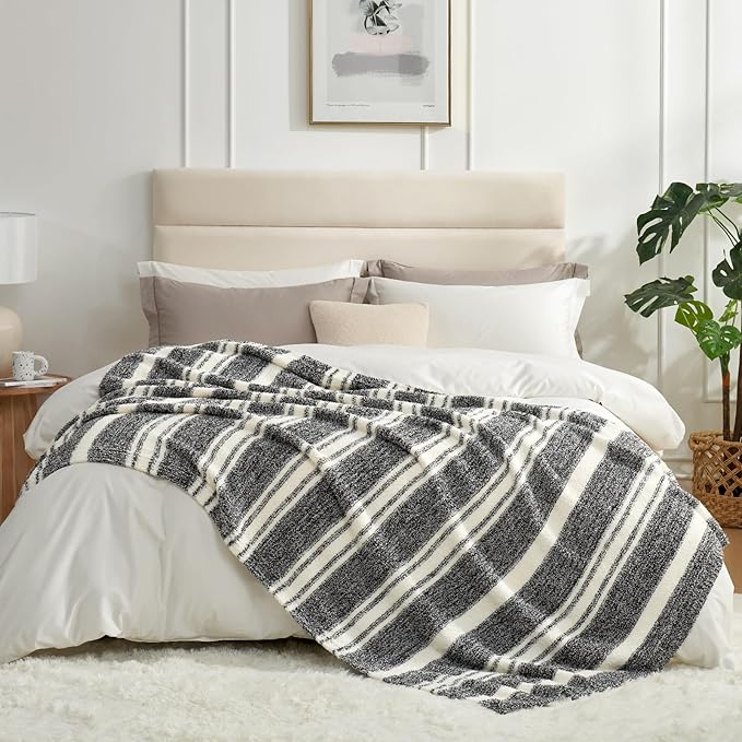 Snuggle Sac Queen Size Bed Blanket Stripe Black, Super Soft Warm Bedding Blankets Cozy Knit Fuzzy Plush Blankets for Bed, Living Room, Stripe Black, Queen 90"x90"-Ruum Studio Home