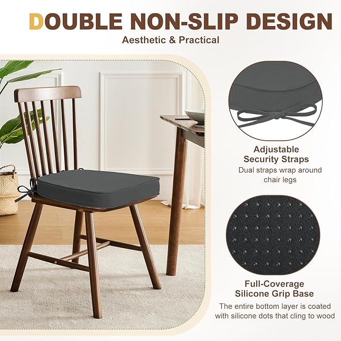 downluxe Chair Cushions for Dining Chairs, Waterproof Kitchen Chair Pads, Non-Slip Dining Seat Cushion with Ties, 17" x 16" x 2.5", Dark Grey, 4 Pack-Ruum Studio Home