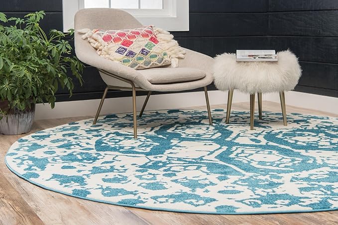 Unique Loom Rosso Collection Vintage Traditional Distressed Blue Round Rug (8' 0 x 8' 0)-Ruum Studio Home