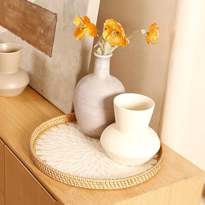 Round Rattan Tray with Mother of Pearl Inlay & Wooden Base - Decorative Wicker Serving Tray for Coffee/Bread/Fruits, Food Storage & Display - Multipurpose Home Decor (M,White Leaves)-Ruum Studio Home