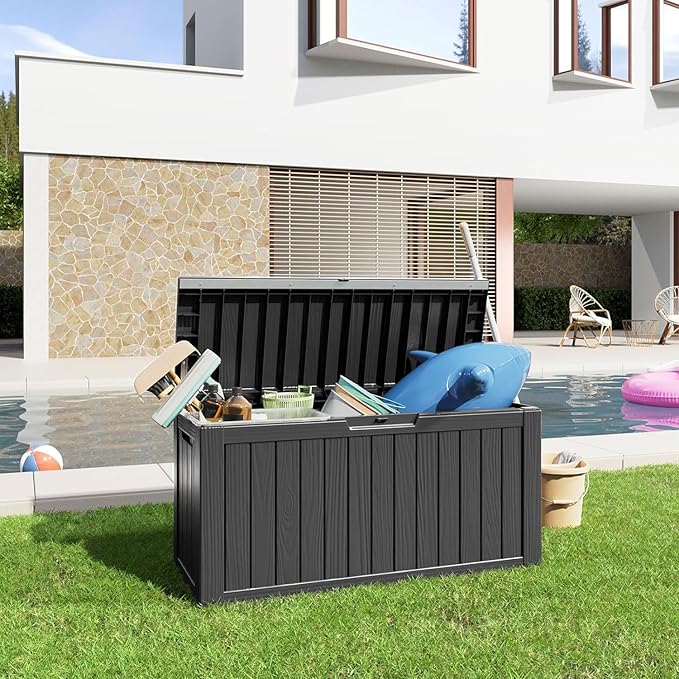80 Gallon Resin Deck Box, Lockable Outdoor Storage Box for Patio Cushions Storage Furniture,Garden Tools, Pool Supplies, Weatherproof and UV Resistant- Black (80 Gallon)-Ruum Studio Home