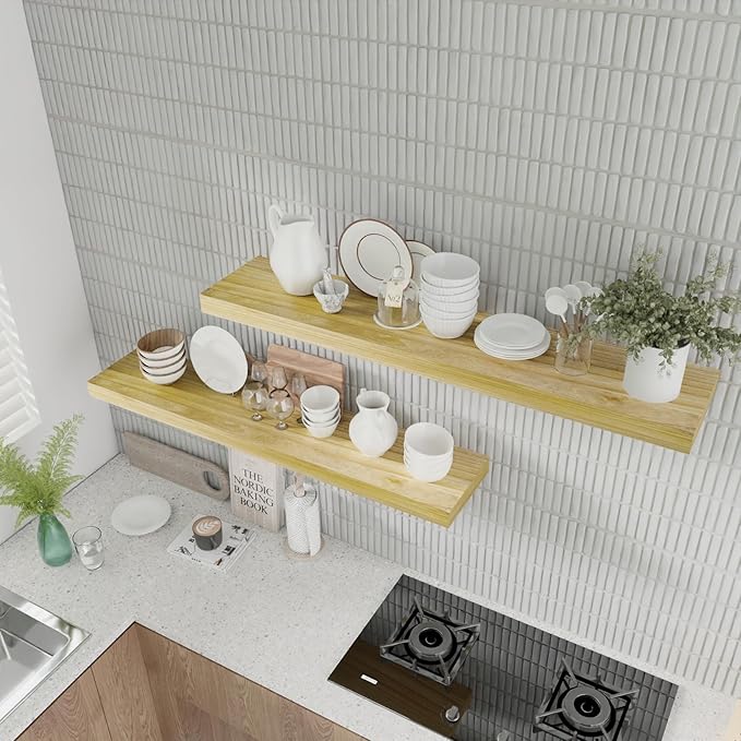 IAE Floating Wall Shelves 55 inch,Bathroom Shelves Wall Mounted,Invisible Shelves Floating Kitchen Shelves,Wooden Wall Shelves with Brackets for Living Room Wall Mounted,Easy Install,Set of 2,Natural-Ruum Studio Home