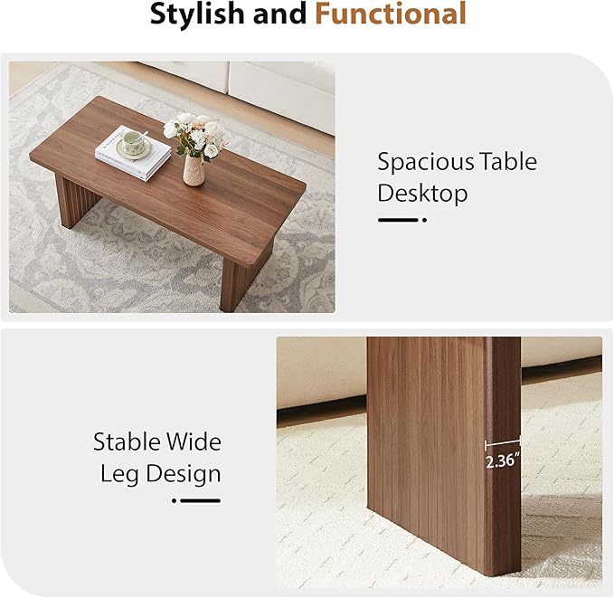 Rectangular Fluted Coffee Table, Farmhouse Wood Coffee Table Mid Century Modern Center Table Boho Living Room Tables for Living Room Office (Walnut, 19.69" D x 43.3" W x 17.72" H)-Ruum Studio Home