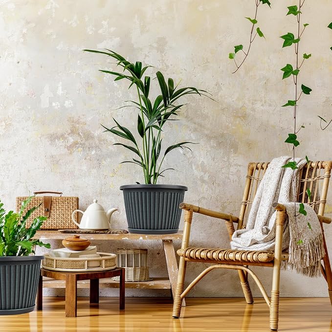 10 Inch Planter-Pots-for-Plants-Indoor-Outdoor, 4 Pack Plastic Flower Pots with Saucer & Drainage Holes, Modern Decorative Resin Garden Pots-Ruum Studio Home