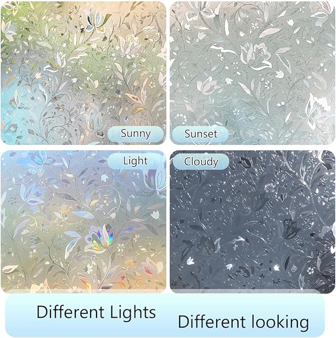 HIDBEA Window Privacy Film, 3D Stained Glass Static Cling - Sun Blocking Anti-UV Heat Control, Reusable Decorative Film for Home/Office Doors, Rainbow Tulip Design (29.5 in x 78.7 in)-Ruum Studio Home