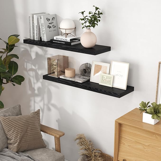40 Inch Floating Shelves Black, 40" W x 9" D Floating Shelf Set of 2, Farmhouse Wood Wall Shelves for Bedroom, Kitchen, Wall Mounted Deep Shelving for Home Decor-Ruum Studio Home