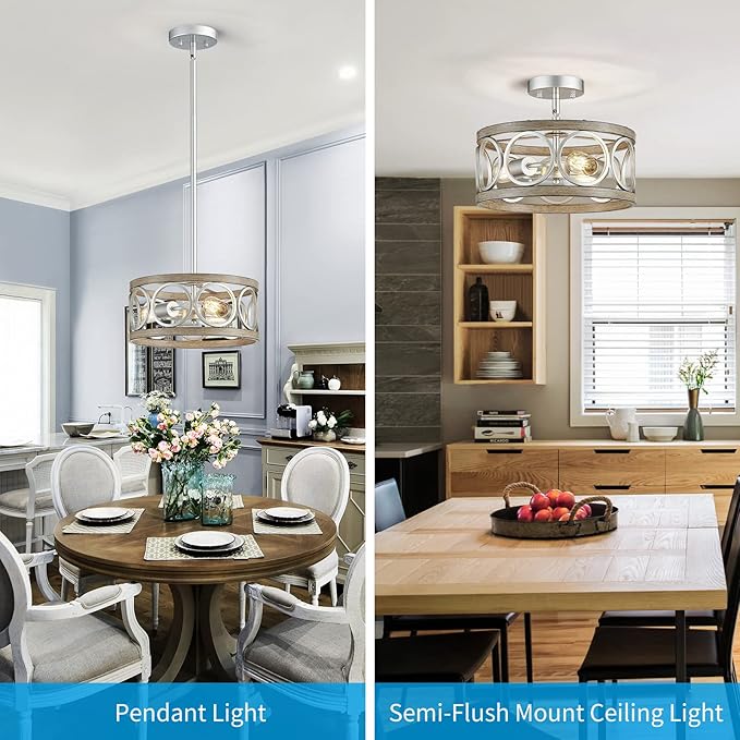 XINGQI Modern Ceiling Light Adjustable Height Pendant Lighting Fixture Brushed Nickel Wood Grain Metal 13" Rustic Round Lights for Dining Room Kitchen Bedroom Foyer Hallway-Ruum Studio Home