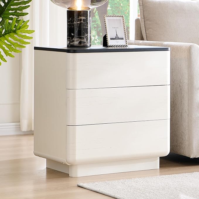JXQTLINGMU 22" Modern Nightstand with Charging Station, Large Push-to-Open End Table, Wood Bedside Table w/Curved Profile Design, Handleless 3 Drawer Night Stand for Bedroom, Living Room, Off White-Ruum Studio Home