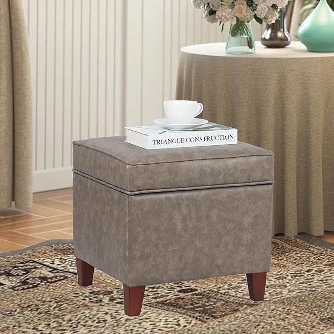 Adeco 17.5" Square Faux Leather Ottoman with Storage - Upholstered PU Foot Rest - Flip Top Footstool with Sturdy Wood Legs, Small Cube Coffee Table Extra Seat for Living Room, Bedroom, Coffee Brown-Ruum Studio Home