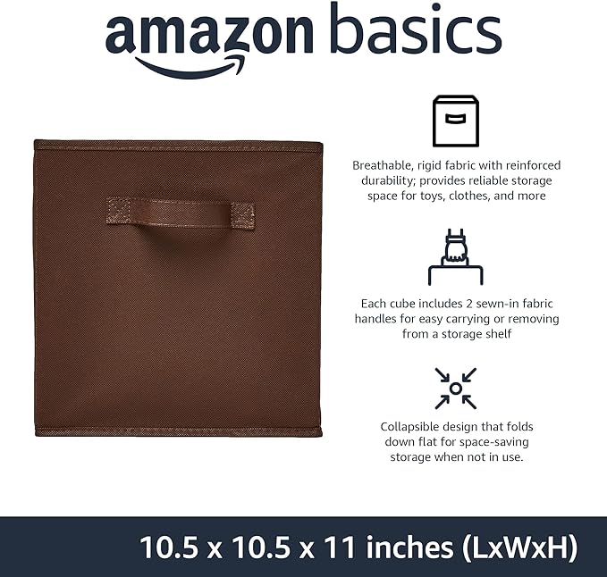 Amazon Basics Cube Organizer Storage Bins Handles, Collapsible Fabric, Pack of 6, 10.5"x10.5"x11", Brown-Ruum Studio Home