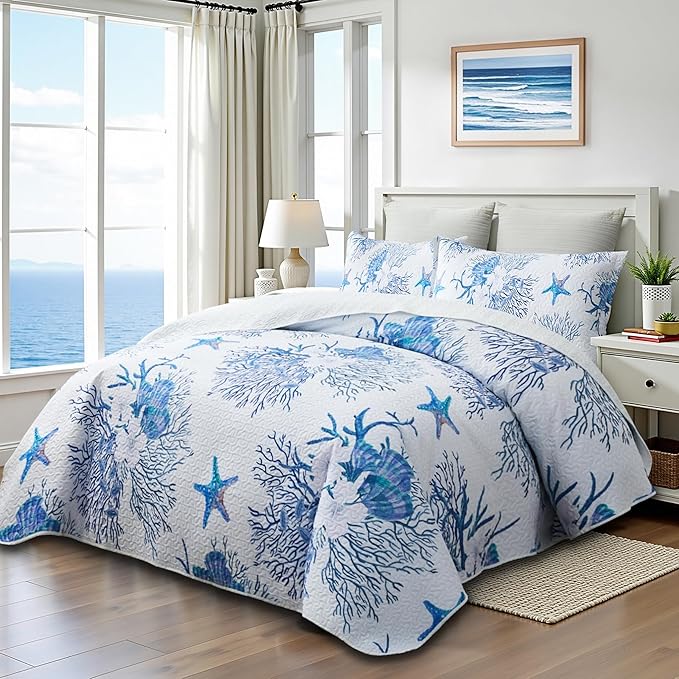Coastal Bedding Queen Size Coastal Quilt with 2 Shams, Nautical Beach Comforter Sets Ocean Bedspreads Blue Starfish Coverlet Summer Bedding, 90''x96''-Ruum Studio Home
