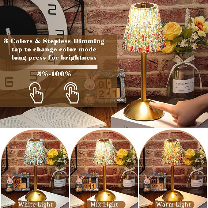 Liliful 2 Pcs LED Portable Cordless Table Lamp Touch Battery Operated Rechargeable Desk Lamp 3 Color Dimmable for Bedroom Living Room Dining (Floral Style,Gold)-Ruum Studio Home