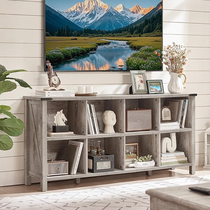 8 Cube Book Shelf, Farmhouse Wood Long Storage Organizer Bookcase, 62" Horizontal Grey Oak Console Closet Bookshelf, Hallway TV Stand for Entryway, Display Cabinet Book Case for Living Room-Ruum Studio Home