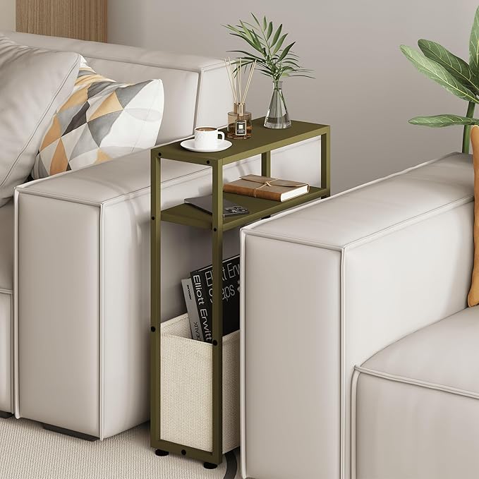 Narrow Side Table, Slim End Tables with Fabric Basket, Skinny Table for Small Spaces, Thin Bedside Table for Living Room, Bedroom (1, Forest Green + Camel Brown)-Ruum Studio Home