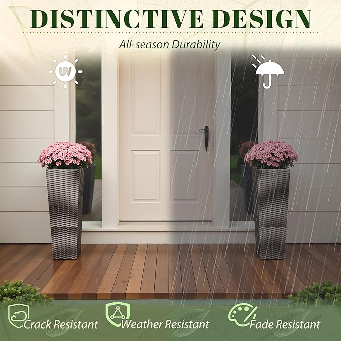 JUMMICO Set of 2 Resin Rattan Tall Planters for Outdoor Plants, Large Tapered Planters with Drainage Holes&Inner Trays, Flower Pots for Garden, Patio, Porch, Backyard (Brown, 24'')-Ruum Studio Home