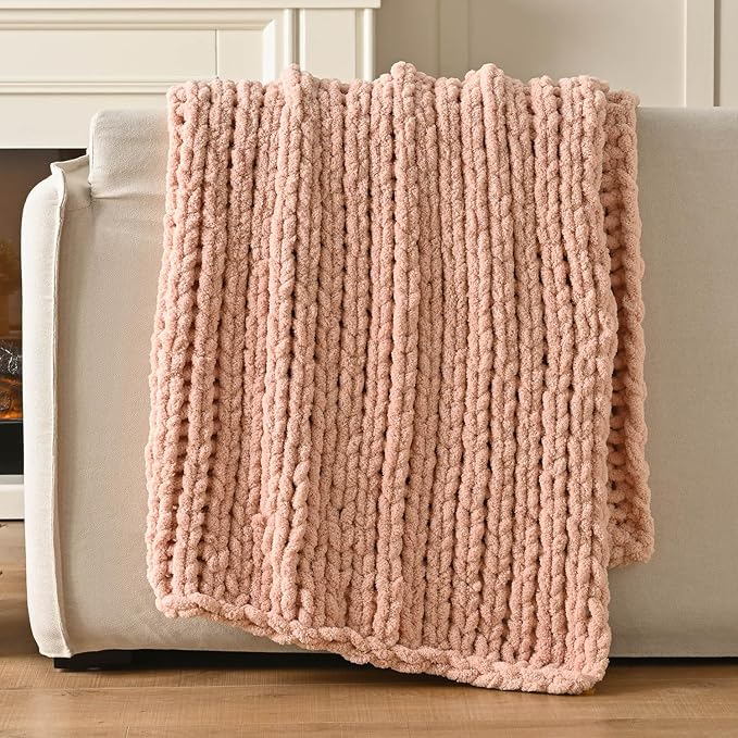 Esterra Chunky Knit Blanket Throw 40"x50", 100% Hand Knitted Chenille Throw Blanket, Cozy Soft Thick Cable Knit Throw Large Rope Knot Crochet Throw Blanket for Sofa Couch Bed, Dusty Pink-Ruum Studio Home