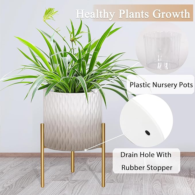 ARNIS Plants Pots with Stand, Set of 2 Indoor Planter Pots, Unique Mid Century Decorative Metal Flower Pots with Drainage,8.25 & 10.5 Inch, Grey and White-Ruum Studio Home